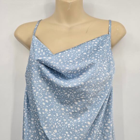 NEW Forever 21 Women's Spotted Satin Drape Neck Spaghetti Strap Mini Dress Blue - Picture 3 of 10